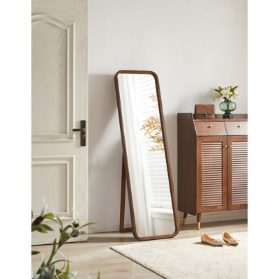 Full Length Mirror, Solid Beech Wood Frame Floor Mirror, Freestanding Mirror with Stand, Large Body Mirror for Bedroom Living Room Dressing Room, Walnut Finish