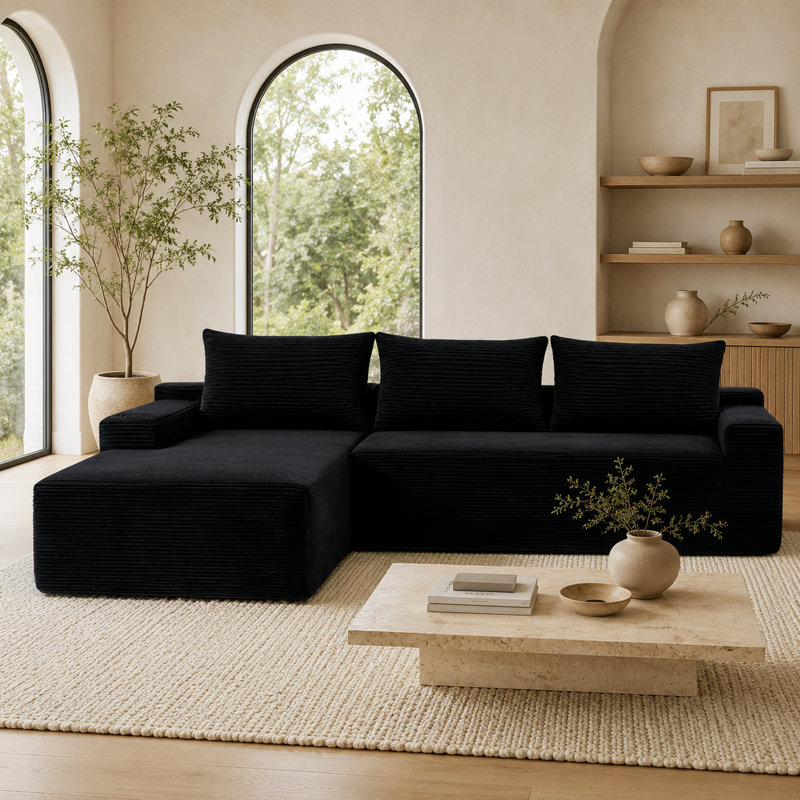 Canapé d'angle modulaire en forme de L Cloud noir de 246 cm avec méridienne, canapé profond en velours côtelé, aucun assemblage requis pour le salon et la chambre.
