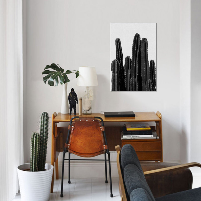 «Cactus I», impression sur toile en noir, H 18 po x l 12 po x P 1,5 po, Toile tendue, Pas de tapis