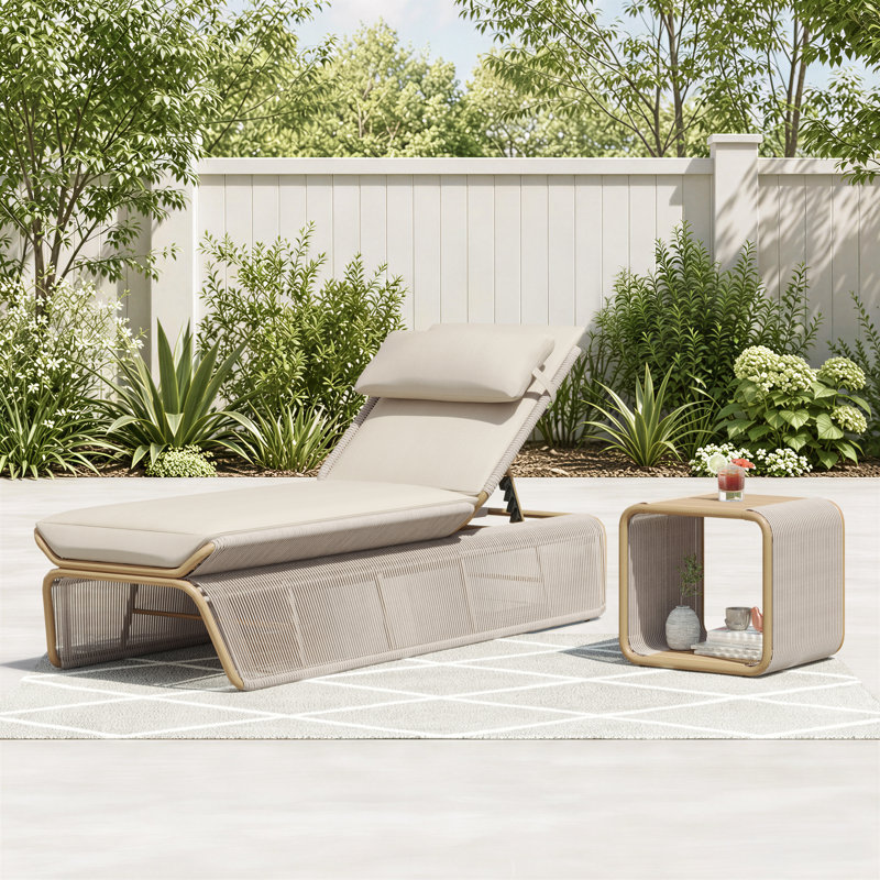 Chaise longue avec table Harper, Toile vélin, Blanc