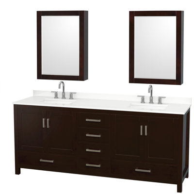 Meuble-lavabo double autoportant 80 po avec dessus en quartz et armoires à pharmacie Sheffield