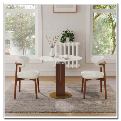 Table de salle à manger ronde, plateau en pierre mate résistante aux rayures de 12 mm, pied en noyer massif avec incrustations métalliques, base élargie en quincaillerie dorée, petite table basse pour 2 personnes idéale pour balcon ou salon, style rétro.