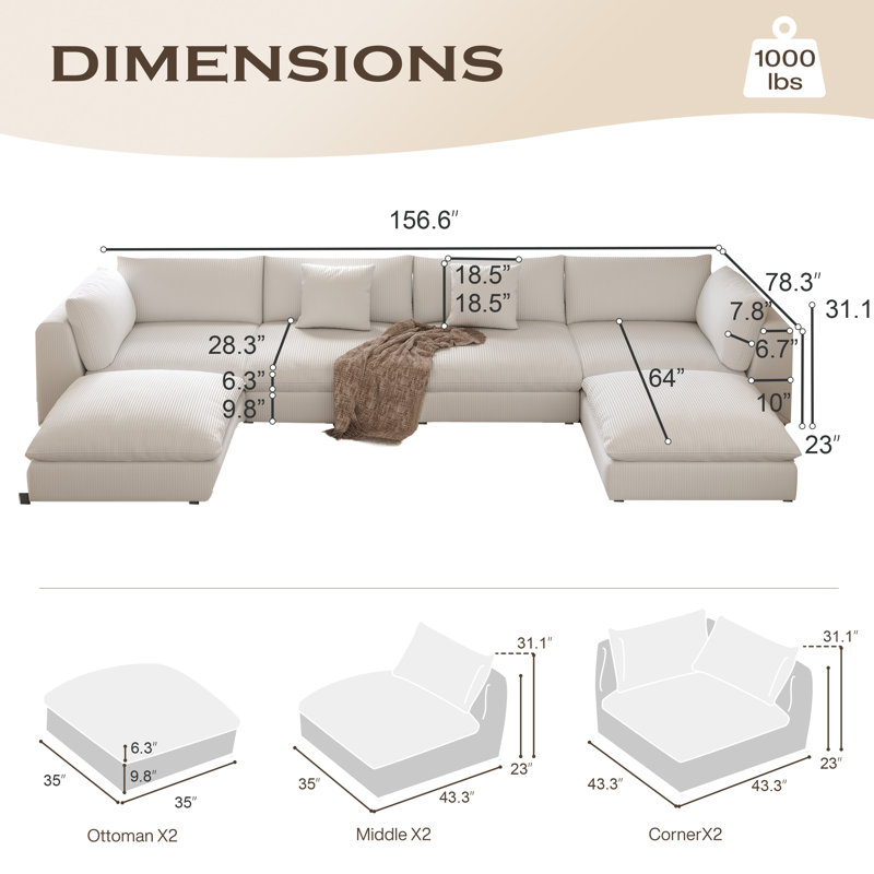 156.6'' Oversized U Shaped 6 Piece Modular Cloud Sectional Sofa with Two Ottoman, White Velvet