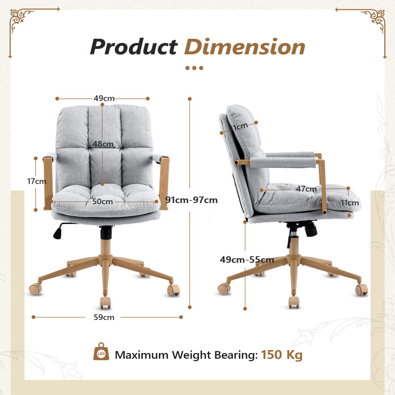 Chaise de bureau pivotante en mélange de lin à hauteur réglable avec accoudoirs en bois pour le bureau à domicile et le salon