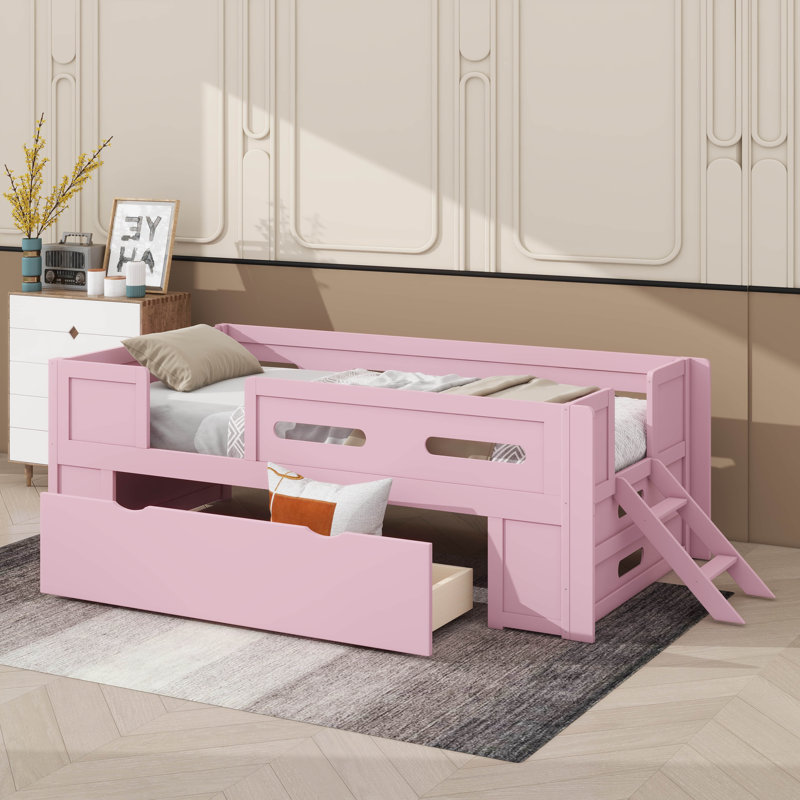 Lit plateforme simple avec garde-corps et tiroir, structure de lit en bois conçue pour les enfants, avec lattes de bois, Rose