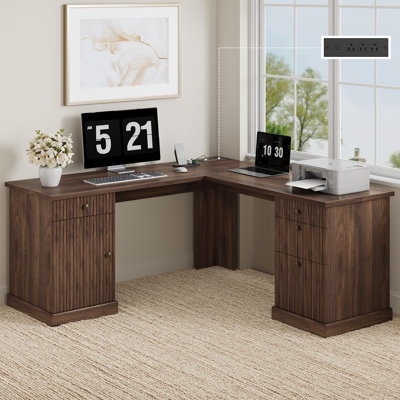 Bureau de coin en L cannelé de 152 cm avec tiroir de rangement et station de recharge, tablette réglable, chêne
