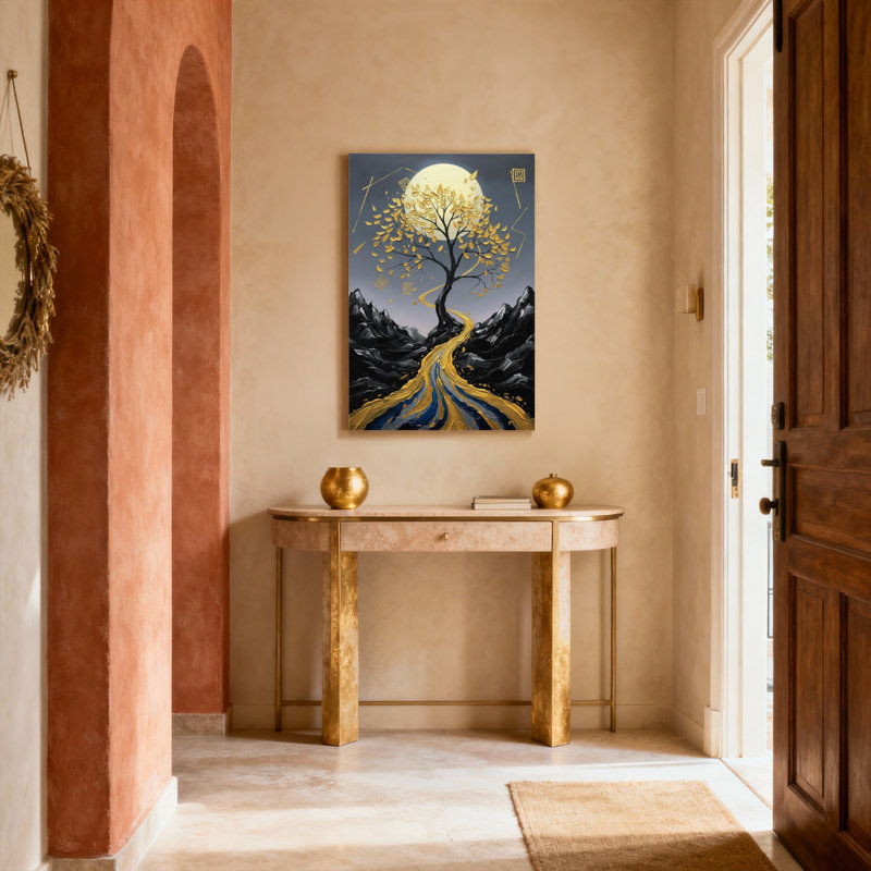 Ensemble de 1 tableau sur toile tendue représentant un paysage d'arbre doré et de lune, H 18 po x l 12 po