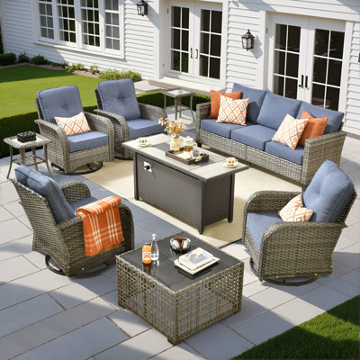 Jordanlee 7- Person Outdoor Seating Group With Rocking Swivel Chairs With Fire Pit Table