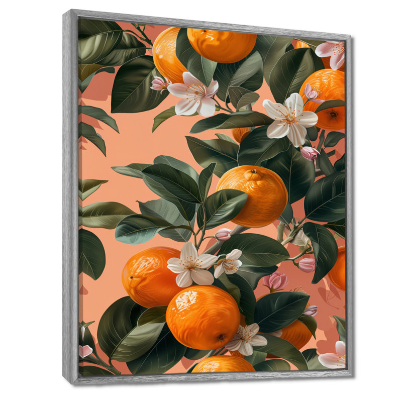 Décoration murale orange orange et arbres verts II - fruits, Encadrement argenté, H 24 po x l 32 po