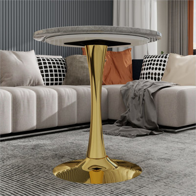 Table de salle à manger 27,6 pouces ronde pour 2 personnes, moderne Mid-Century, fer et bois avec plateau en faux marbre, doré et gris