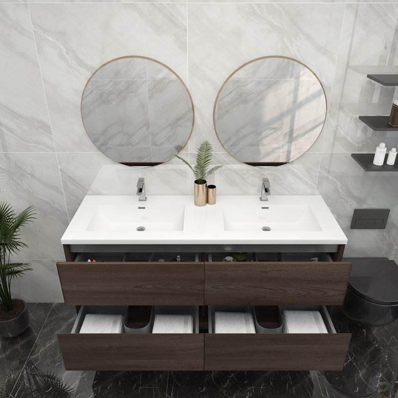60'' Double Bathroom Vanity with Acrylic Top, Red Oak