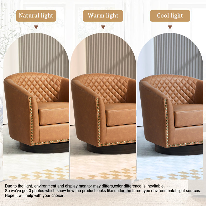 Upholstered Coffee Faux Leather Tufted Barrel Small Swivel Chair with Nailhead Trim, Coffee