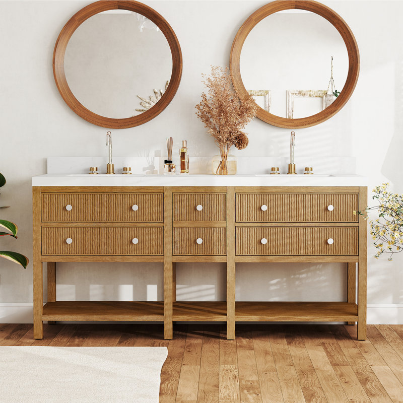 Meuble-lavabo double 72 po avec comptoir en quartz et meuble-lavabo en bois massif à fermeture douce, Bois brut