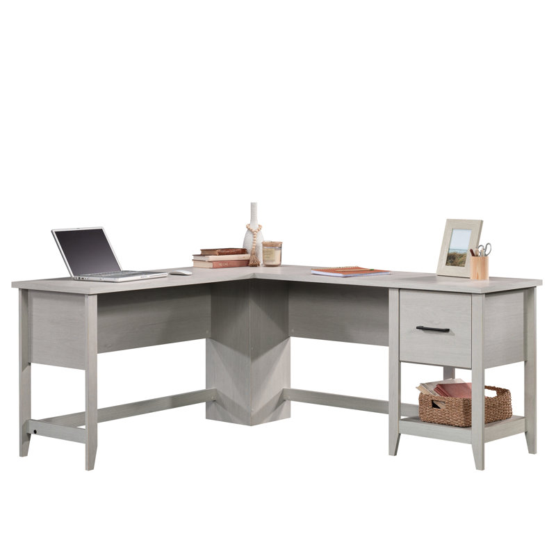 Bureau transitionnel en forme de L avec tiroir classeur, finition blanche, assemblage simple, taille compacte, tablette ouverte, idéal pour les séances d'étude