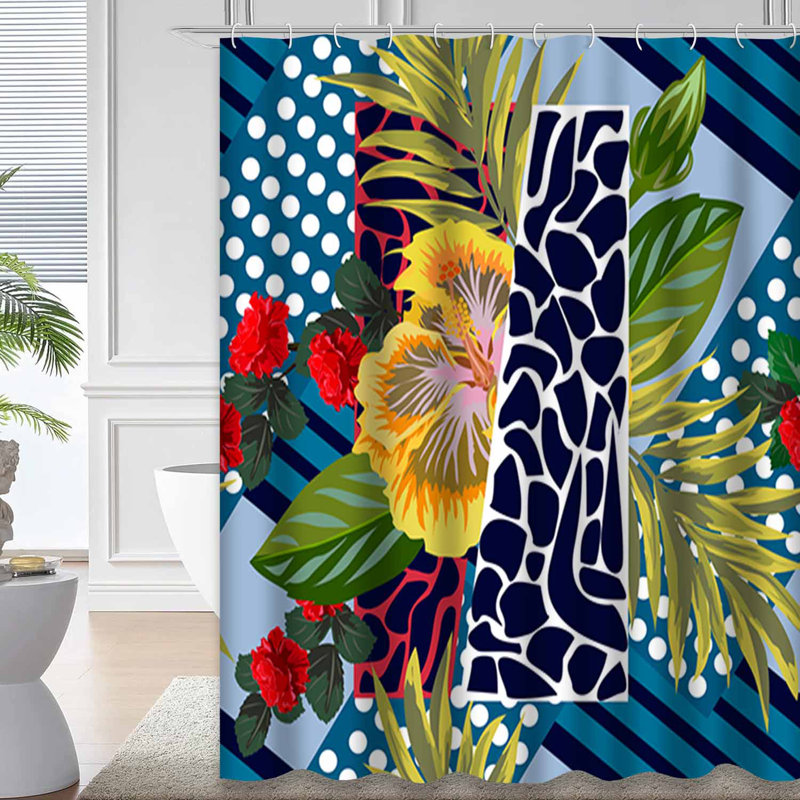 Floral Patchwork Flowers Teal Shower Curtain with 12 Hooks, 72" L x 72" W