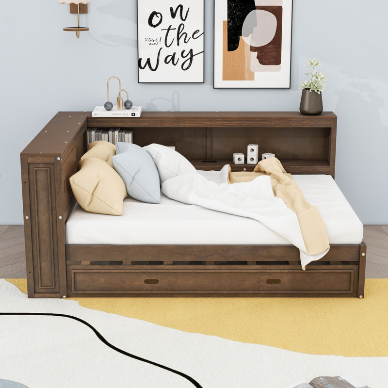 Lit de jour double en bois avec DEL, USB, tablettes de rangement et lit gigogne simple, Bois antique