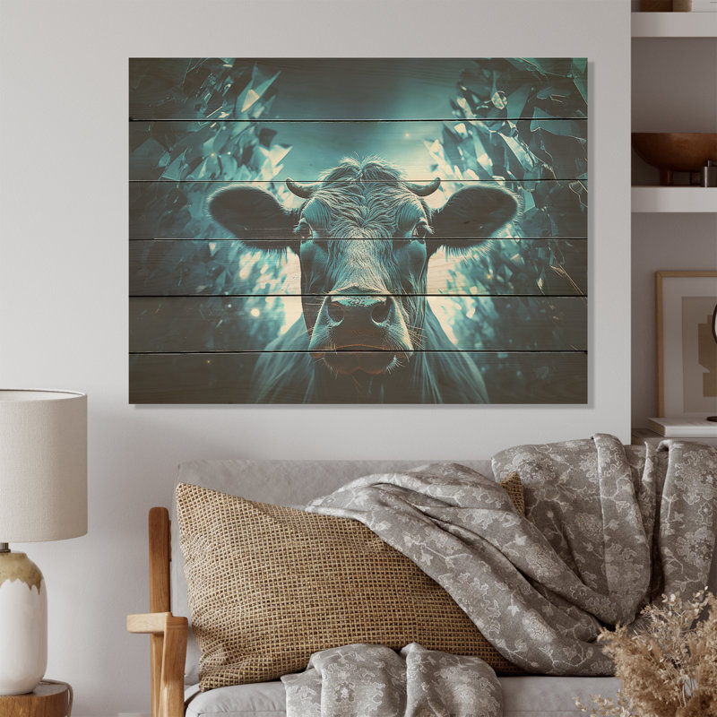 Blue Cow Flow Portrait - Cow Wood Wall Art On Natural Pine Wood, 24" H x 32" W