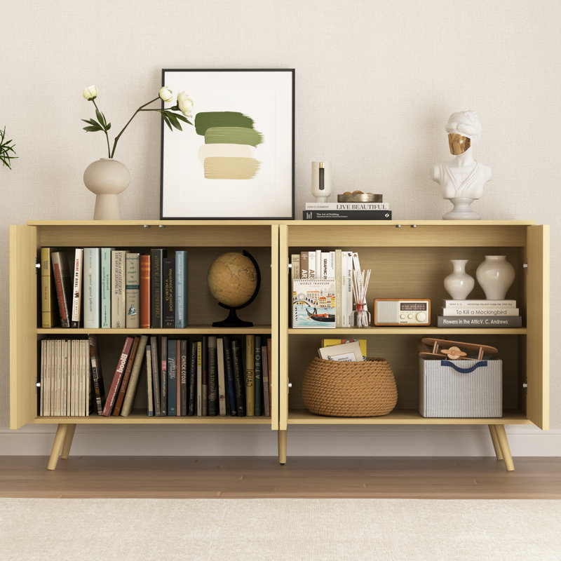 Buffet 59 pouces en bois naturel avec 4 portes et tablettes réglables pour la cuisine et le salon