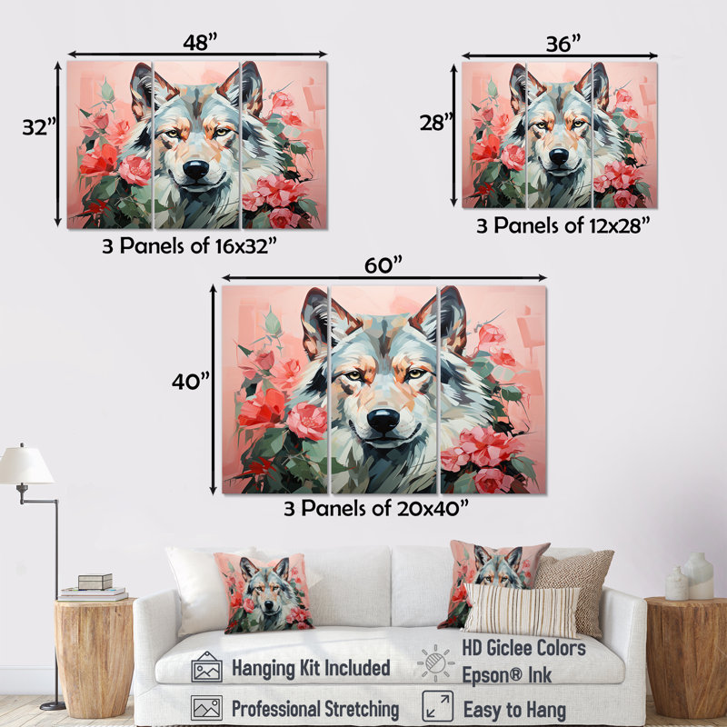 Portrait de loup bohémien rose et vert IV - loup, art mural, Toile tendue, H 40 po x l 61 po