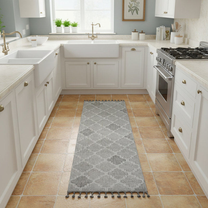 Guros Collection White / Grey / Trellis Indoor Outdoor Runner Rug, Runner 2'2" x 8'