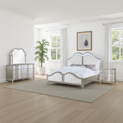 Ensemble de chambre à coucher grand lit 4 pièces Nive, lit touffeté Ivory Channel avec chêne argenté