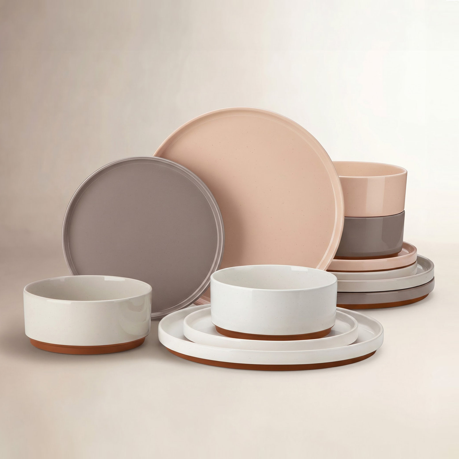 Stratton Ceramic Dinnerware Set - Service for 4, White/Pink/Brown/Gray