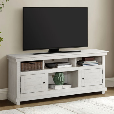 Meuble télé 60 po en bois avec finition vieillie, deux tablettes ouvertes pour jouer et six contrôleurs à compartiments dans les salles familiales de caractère blanc, un espace de divertissement fonctionnel et tendance