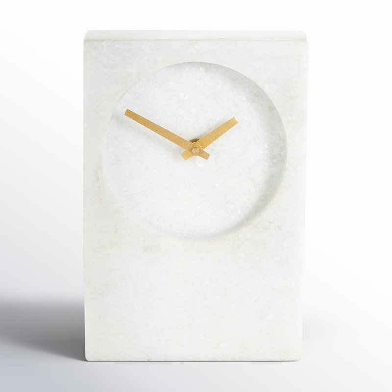 Analog Marble Quartz Tabletop Clock in White, 9.3" H x 6.1" W x 2.35" D