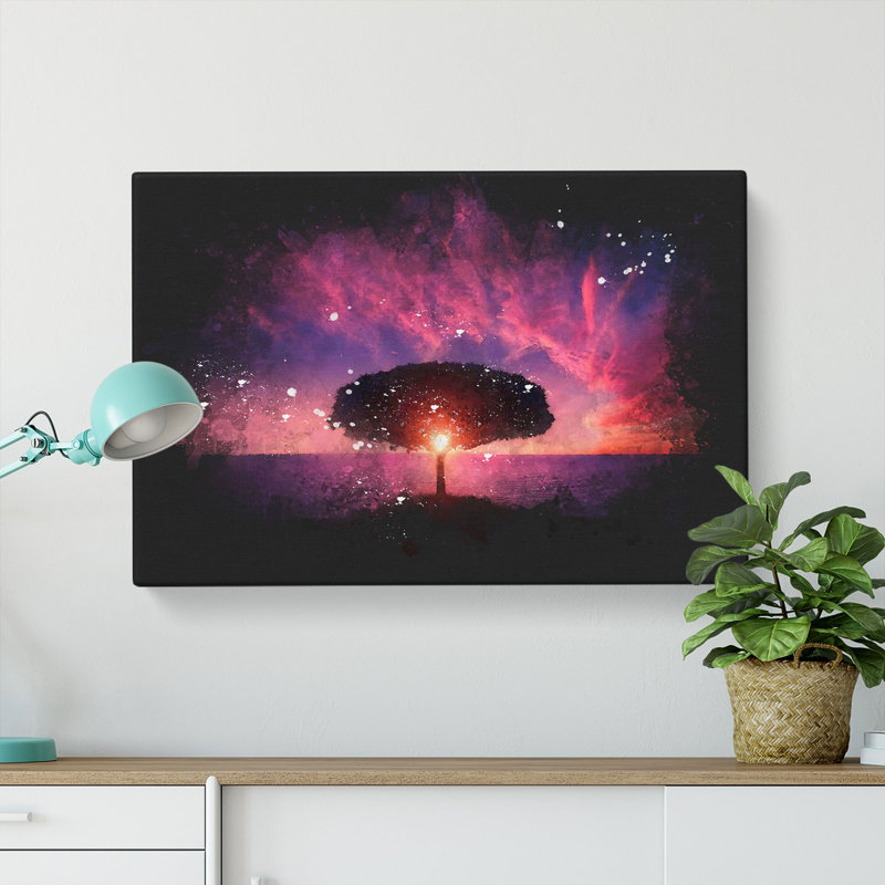 Lone Tree Beneath A Purple Sunset - Wrapped Canvas, 60cm H x 91cm W x 3cm D