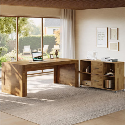 63" Executive Desk And 47" Lateral Rolling File Cabinet, L-Shaped Computer Desk