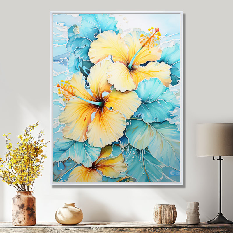 Hibiscus jaune sur fond bleu subtil - impression d'art mural hibiscus, Cadre flottant blanc, bois massif, H 40 po x l 30 po