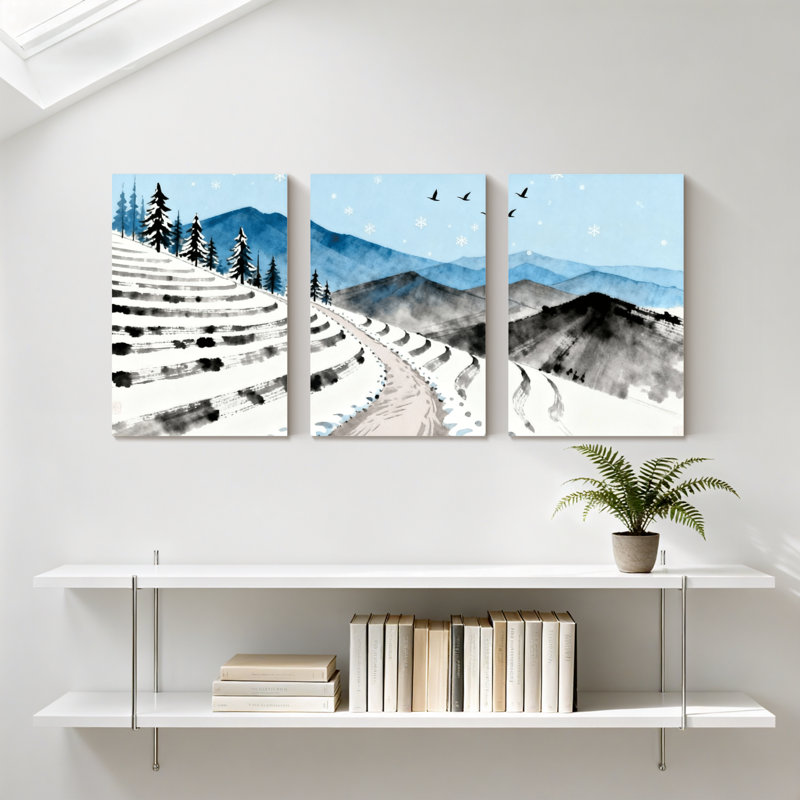 Paysage d'hiver avec paysage enneigé avec montagnes enneigées et arbres, ensemble de 3 impressions sur toile