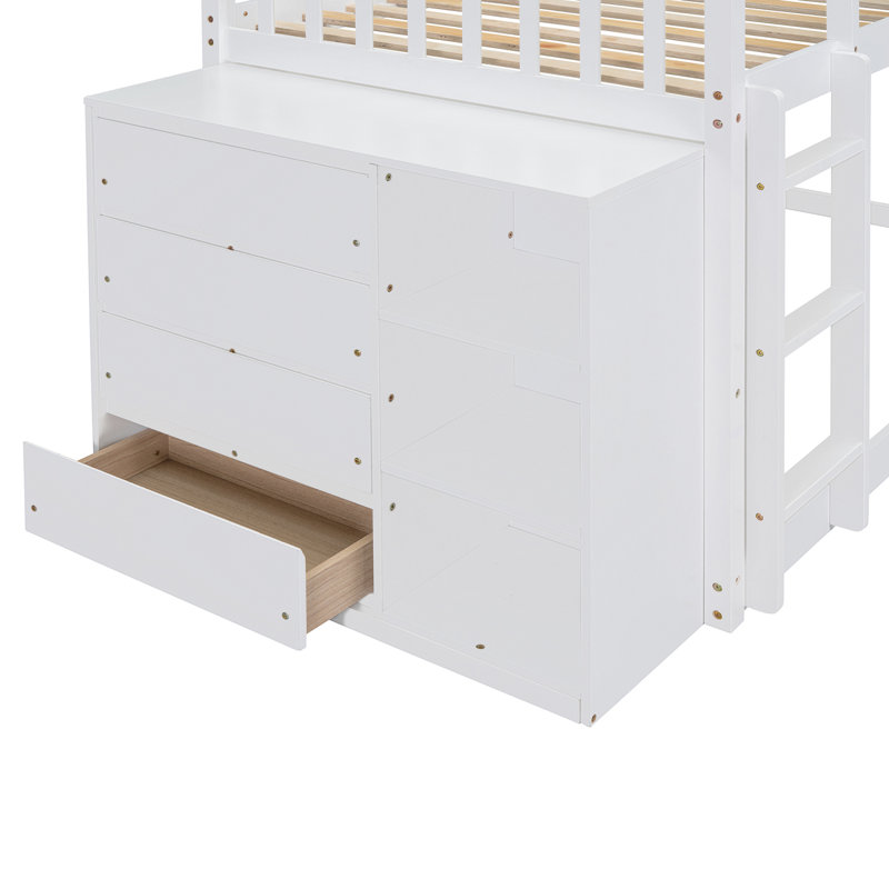 Lit superposé simple au-dessus de simple avec 4 tiroirs et 3 tablettes - blanc, Blanc