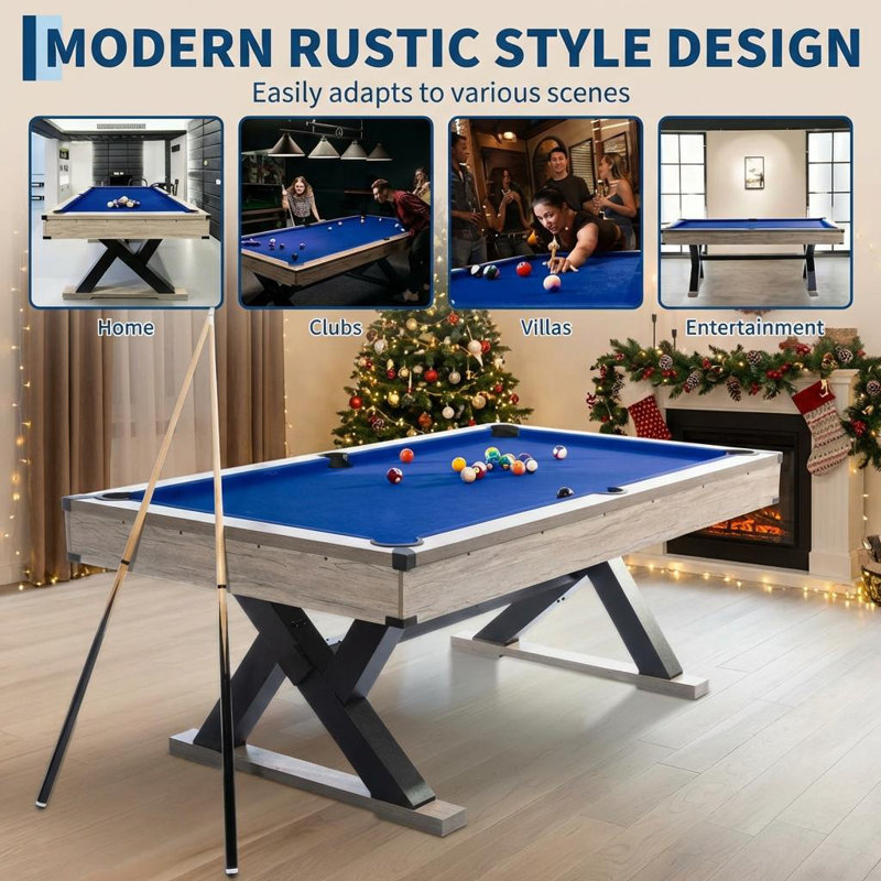Table de billard de 7 pi, pieds en forme de K en métal, toile noire, ensemble de table de billard industriel de 84 po comprenant queues de billard, boules, craie, brosse et support, pour sous-sol, bureau, appartement, caverne pour homme, salle de jeu et maison.