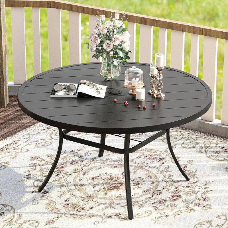 Kwynn Round Metal Outdoor Dining Table With Umbrella Hole , 54'' in. W 54'' in. D, Black