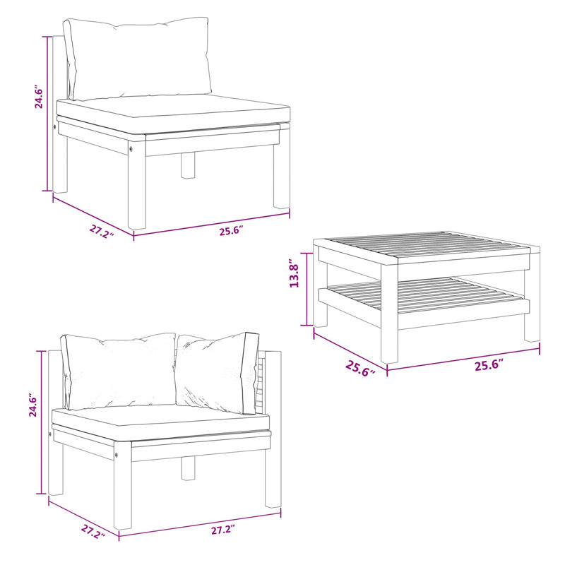 6Pc Outdoor Modular Sofa Set, Cream Cushions, Brown Solid Acacia Wood