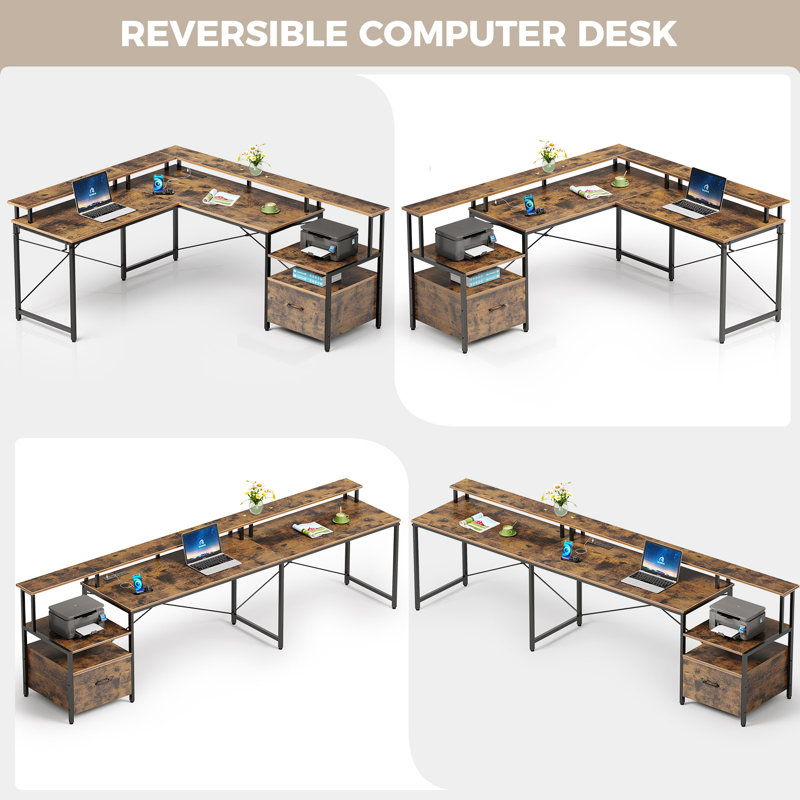 Kurtiss 68" L Shaped Computer Desk with File Drawer with Power Outlet & LED Strip, Rustic Brown