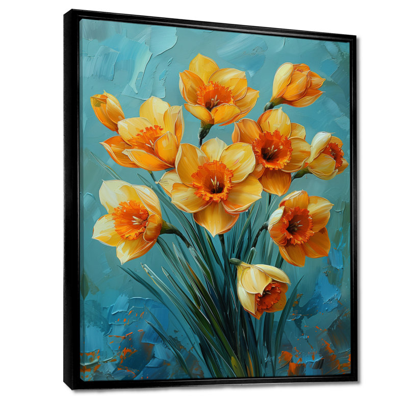 Jonquilles jaunes et orange vibrantes - Décoration murale jonquilles, H 34 po x l 44 po, Cadre flottant noir