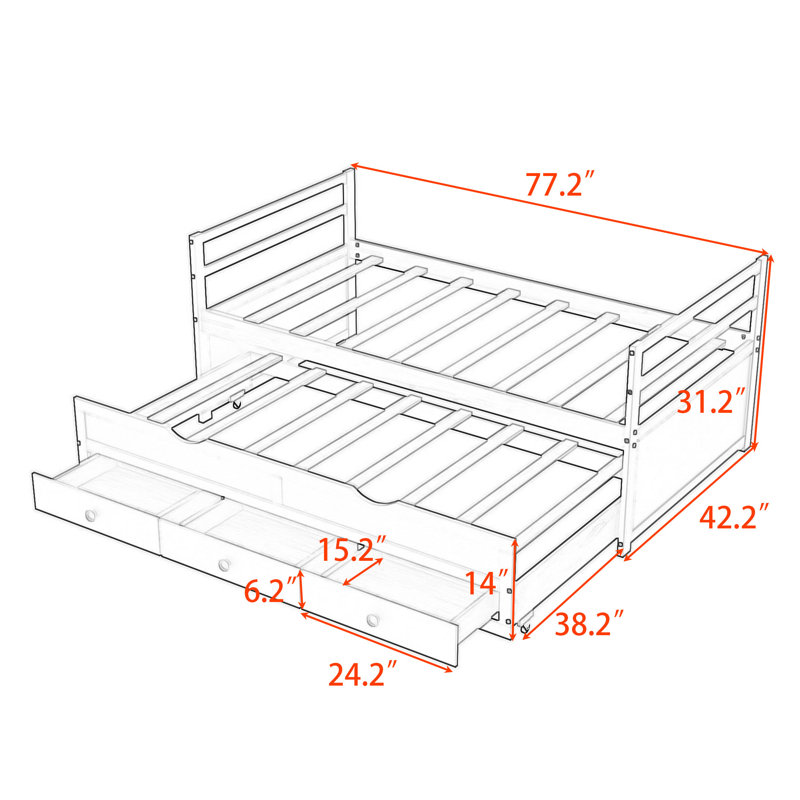 Twin Wooden Platform Bed with Trundle and 3 Drawers, Gray