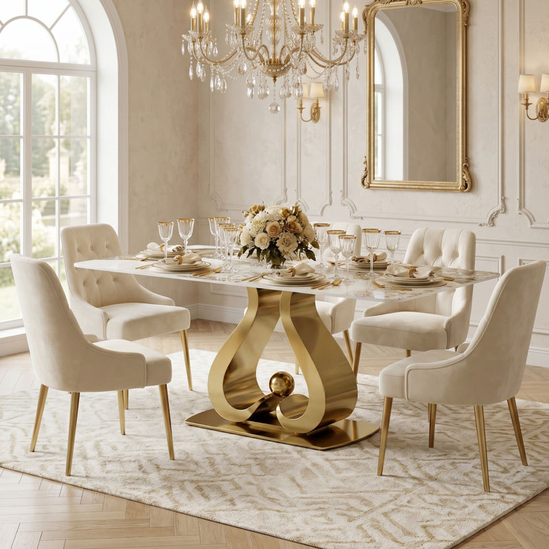 Table de salle à manger 70,9 "rectangulaire pour 6 à 8 personnes, table de salle à manger moderne avec plateau en pierre frittée et base dorée, table de cuisine de luxe pour le salon (table seulement)