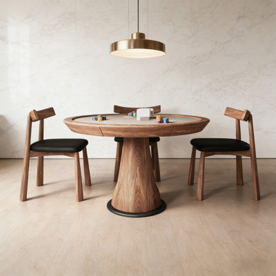 39.37" Vintage Walnut Veneer Solid Wood Round Poker Table with Saddle Leather Top