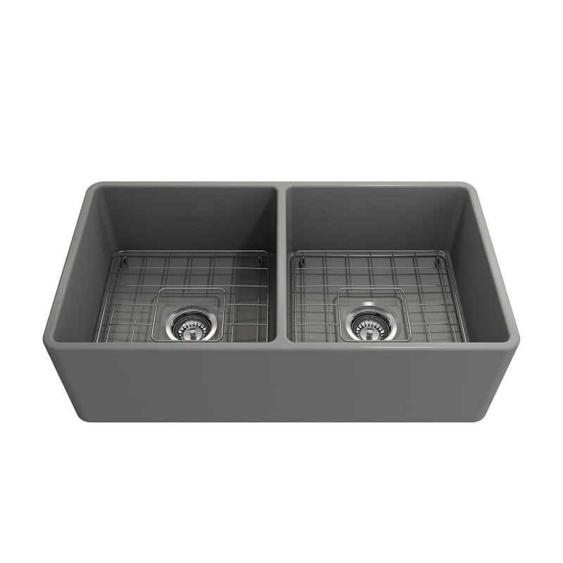 33'' L Double Bowl Fireclay Kitchen Sink, Matte Gray
