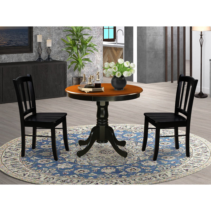L'ensemble 3 pièces de table et chaises de cuisine comprend une table de salle à manger ronde avec piédestal et 2 chaises en bois massif, noir et cerisier