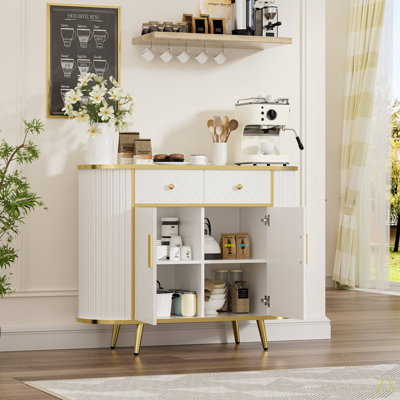 Luxury Fluted Curved Sideboard Buffet Storage Cabinet With 2 Drawers And Doors For Living Room, Entryway, Hallway
