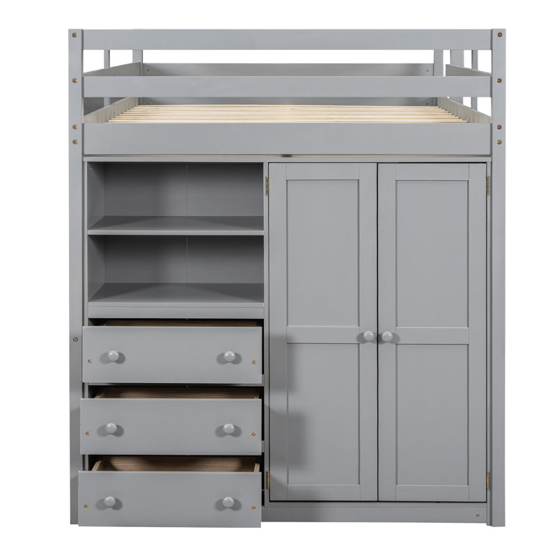 Lit mezzanine double avec garde-robe, bureau et grand espace de rangement intégré en bois massif gris, Gris