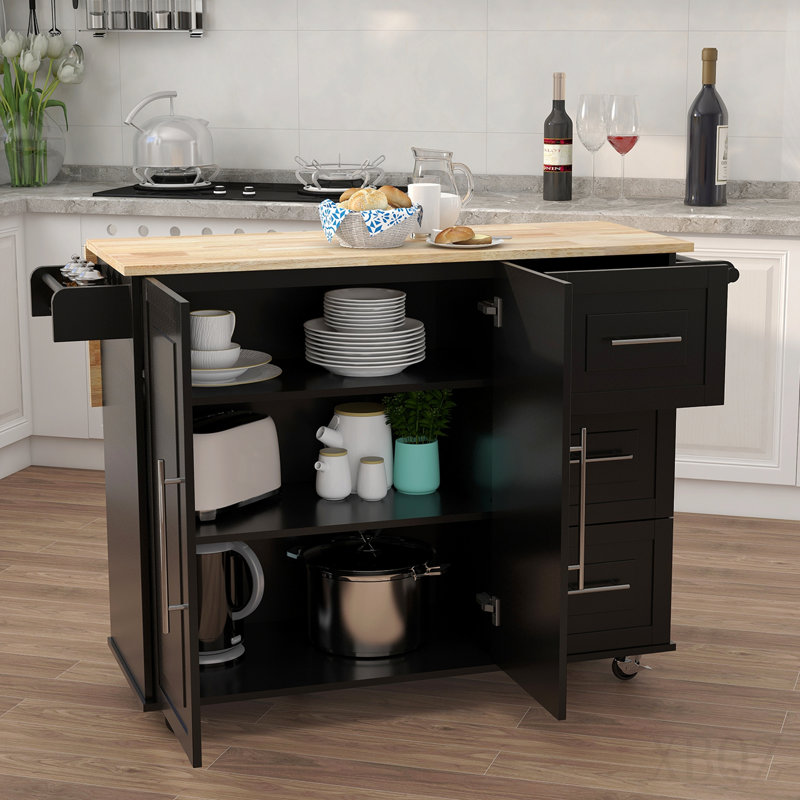 Kitchen Island with Spice Rack, Towel Rack and Extensible Solid Wood Table Top - Black, Black