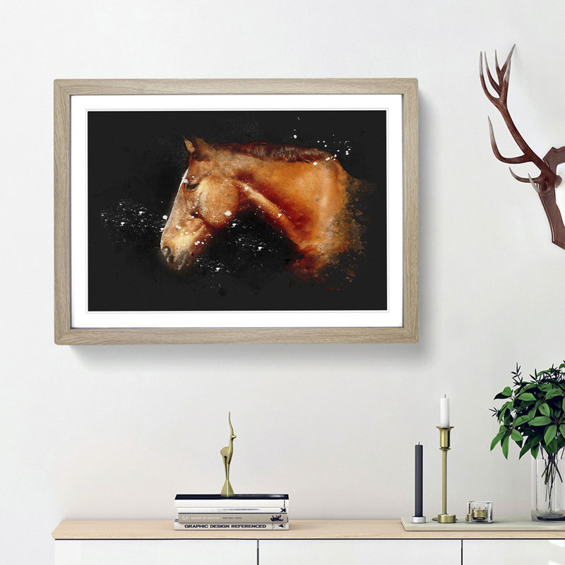 Chestnut Brown Horse - Framed Print, 45cm H x 63cm W x 2cm D, Oak Framed