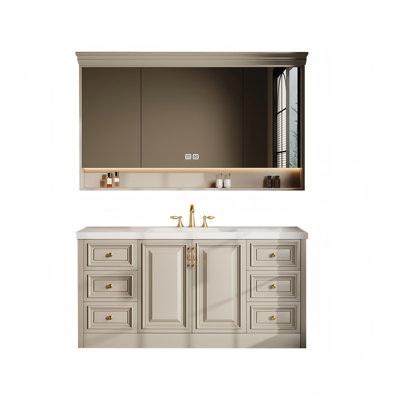 Meuble-lavabo autoportant en bois d'hévéa massif 55,12 po avec miroir