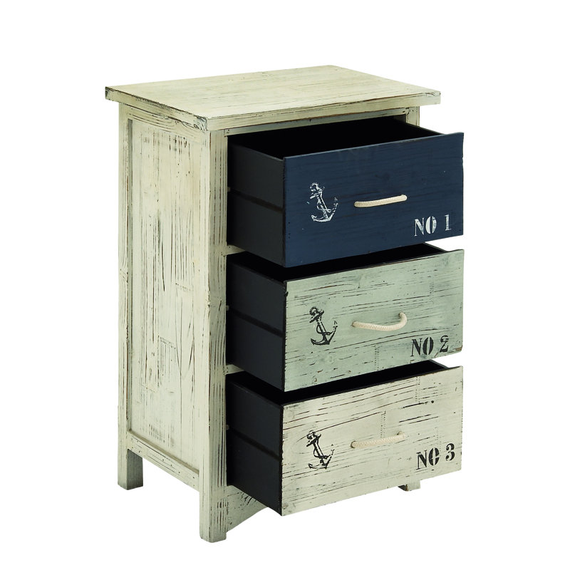 Filomena Wooden Anchor Small Distressed Room Chest with 3 Numbered Drawers and Rope Handles