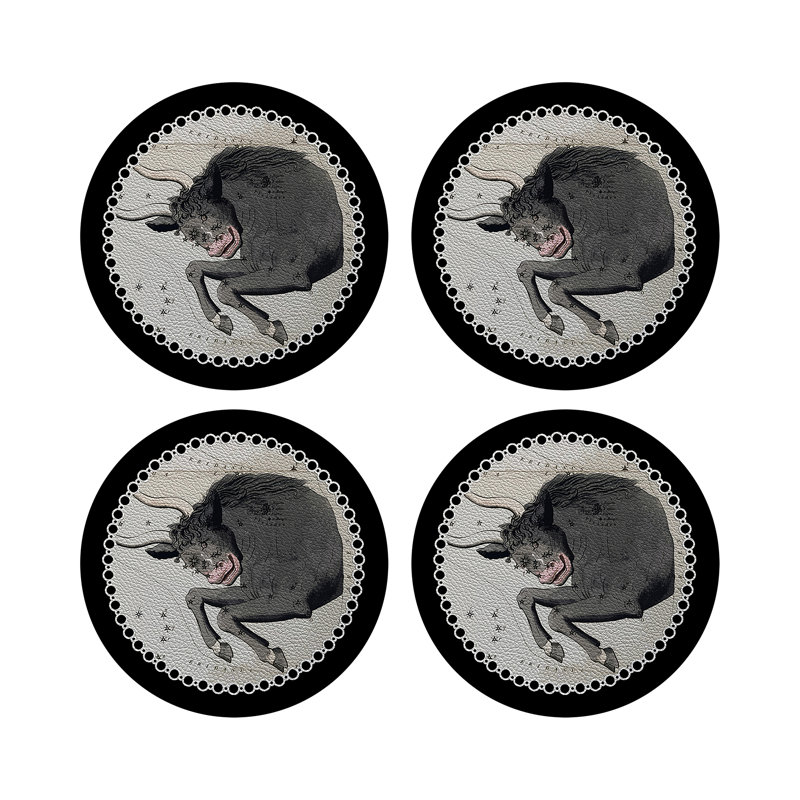 Zodiac Taurus Black Vegan Leather Round Coasters, Black